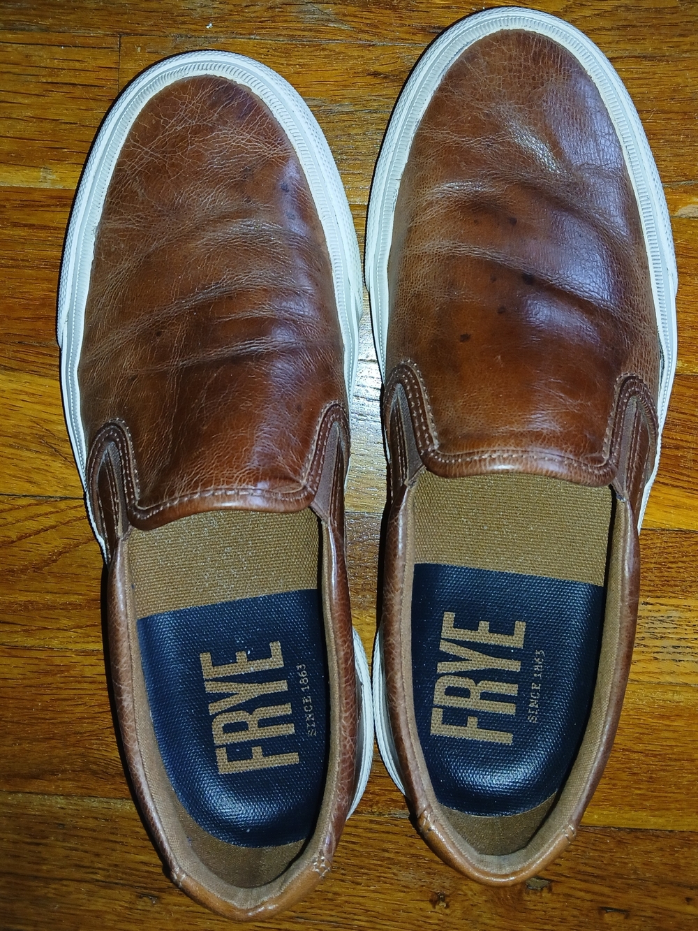 FRYE Brown Leather Slip-On Loafers with White Soles